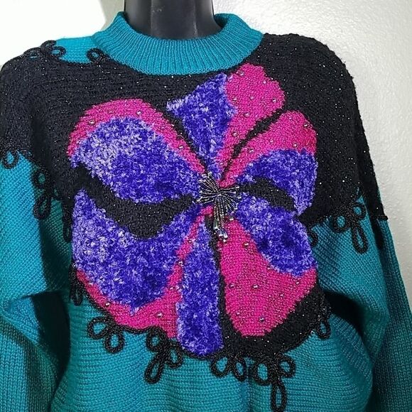 Vintage 80s Embellished Floral Knit Sweater Md - Picture 1 of 5